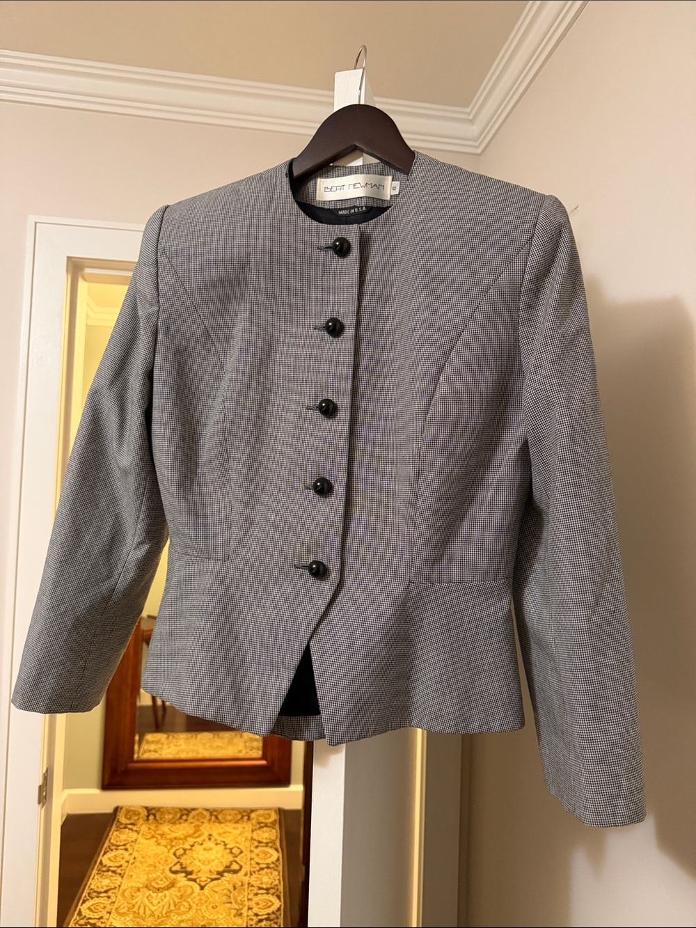 BERT NEWMAN WOOL BLACK WHITE Houndstooth PADDED SHOULDER BLAZER JACKET SIZE:6